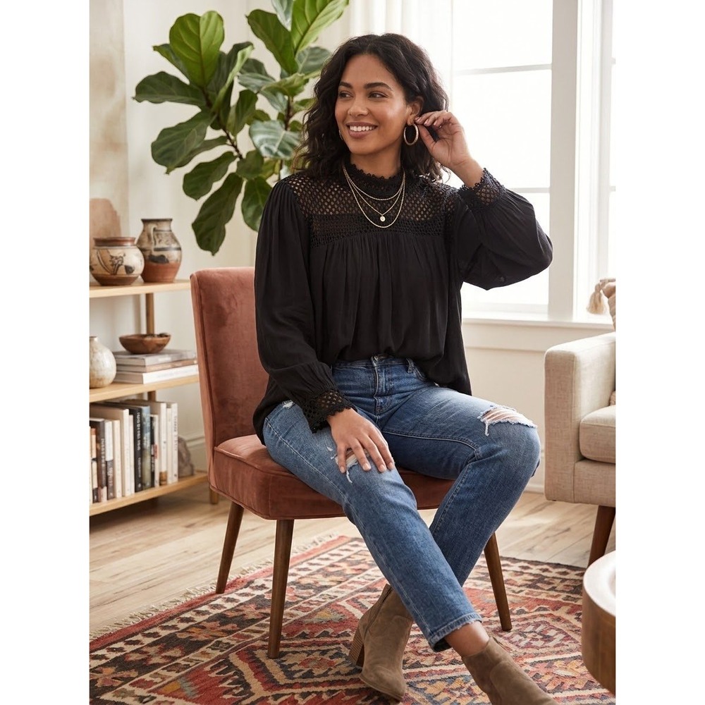 Crochet Mesh Yoke Gap Black Polyester Long Sleeve Blouse Size XL Extra Large